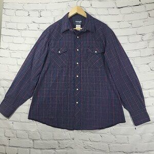 Vintage Wrangler Western Shirt Men's XL Pearl Snap Blue Plaid Rodeo Wear